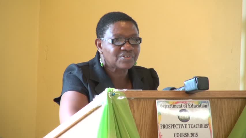 Principal Education Officer in the Department of Education Palsy Wilkin delivering remarks at the Department’s annual Prospective Teachers’ Course at Pinney’s on June 22, 2015